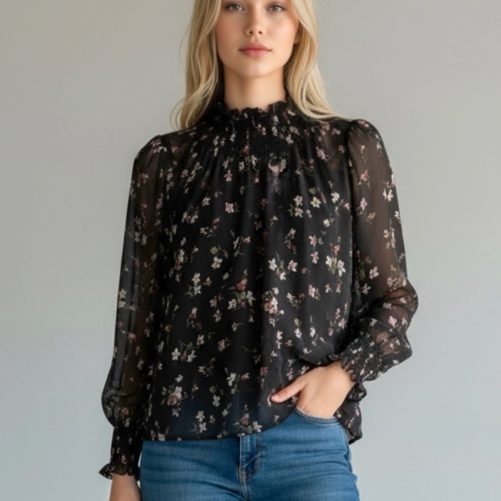 NWT Madewell Smocked Mockneck Top in Backyard Blooms